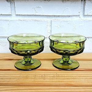 Vintage Green Indiana Glass Kings Crown Thumbprint Pedestal Dessert Bowls